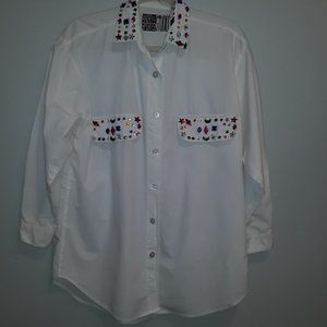White Long Sleeved Jeweled Shirt Size Small Oversized. Can fit Medium.